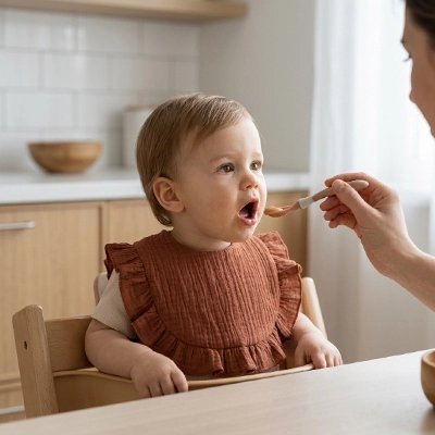 Bavoir bébé marron maman nourrit bébé
