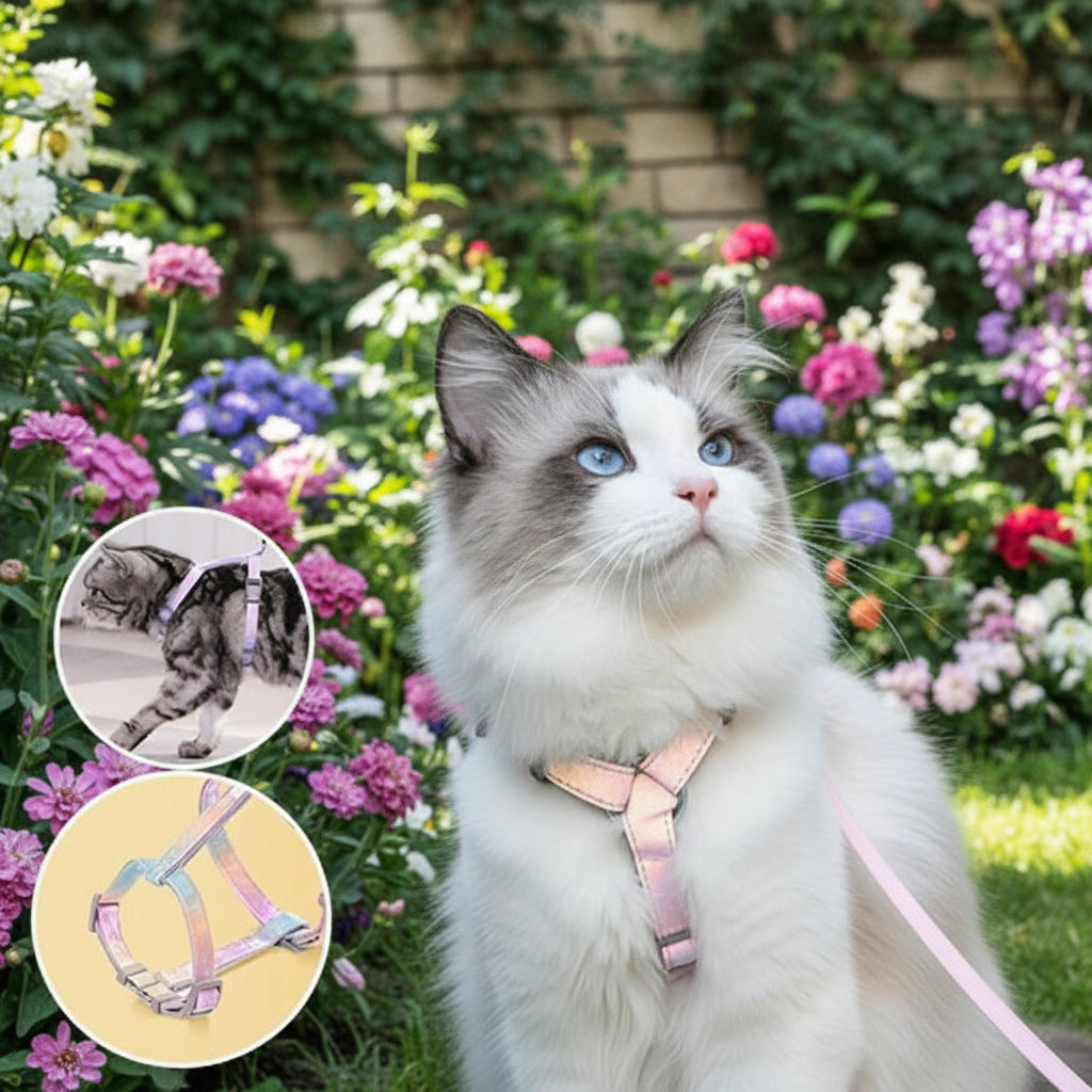 Chat blanc et gris avec un harnais rose